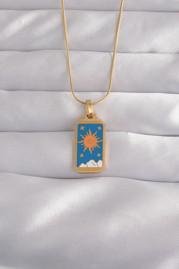 EBJ 316L Steel Gold Color Blue Enamel Sun Model Tarot Necklace - Vernier