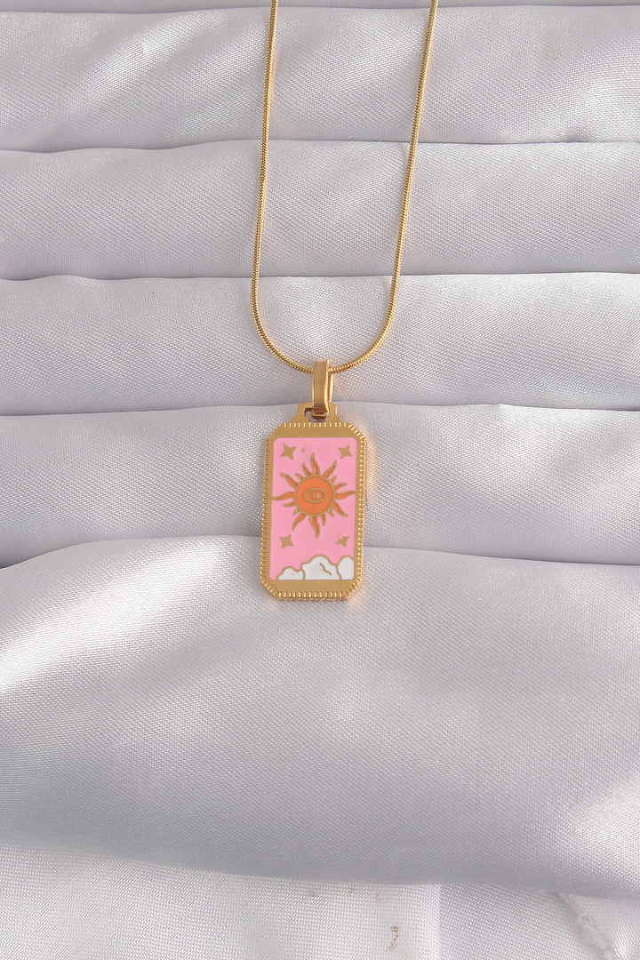 EBJ 316L Steel Gold Color Pink Enamel Sun Model Tarot Necklace - San Antonio Enchisi