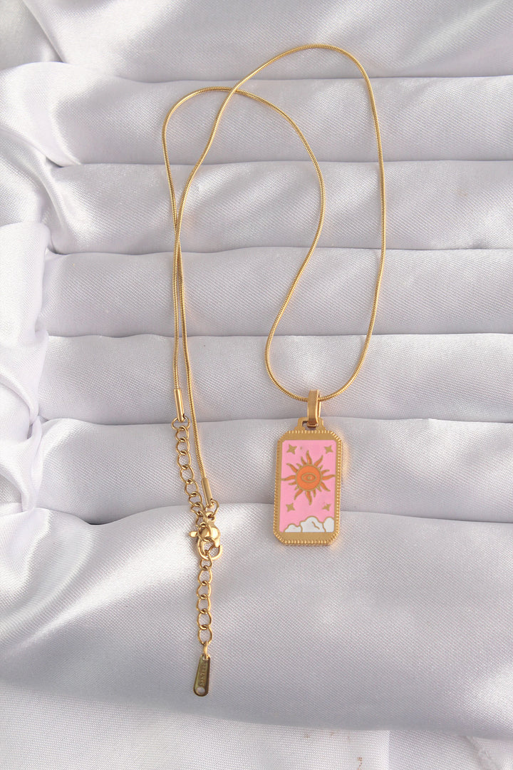 EBJ 316L Steel Gold Color Pink Enamel Sun Model Tarot Necklace - San Antonio Enchisi