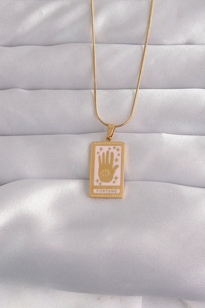 EBJ 316L Steel Gold Color Pink Enamel Hand Figure Tarot Necklace - Victorville