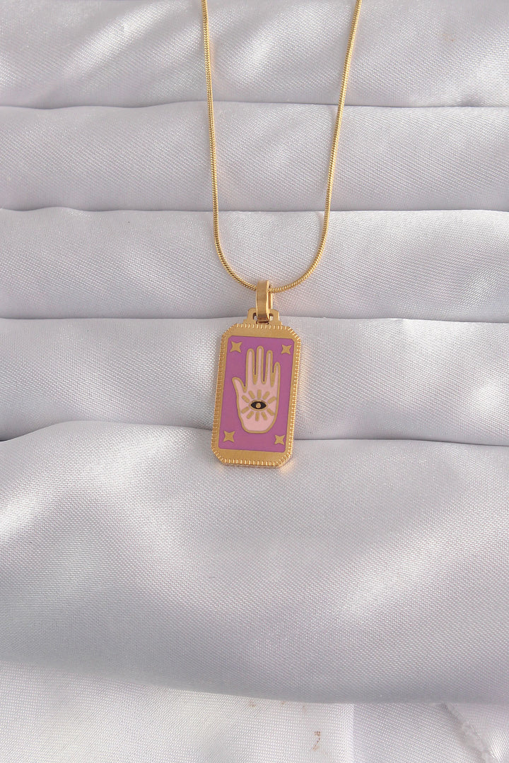 EBJ 316L Steel Gold Color Purple Enamel Hand Figure Tarot Necklace - Westerville