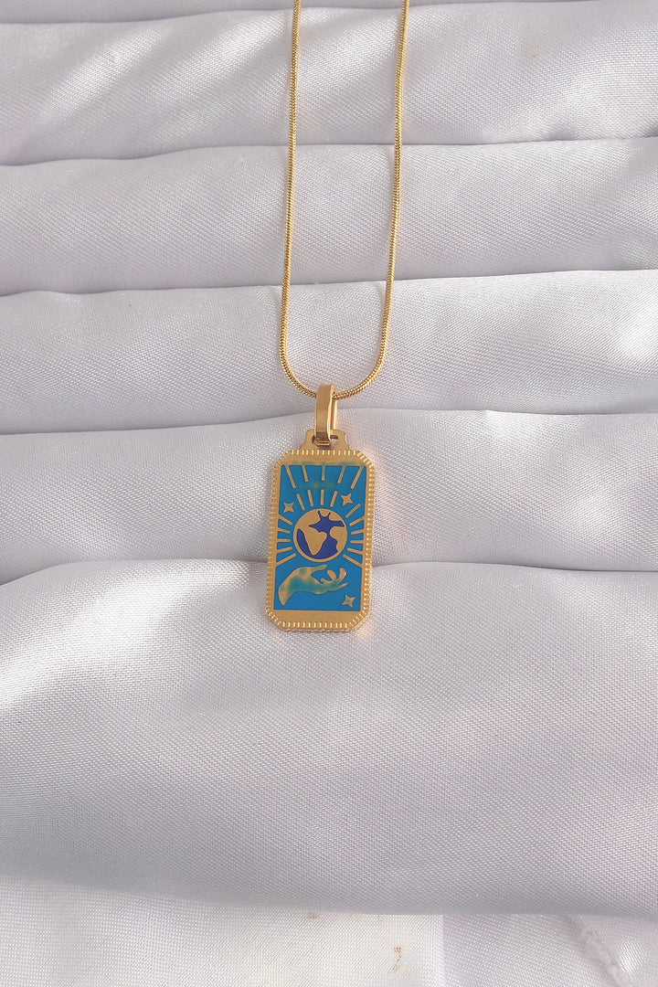 EBJ 316L Steel Gold Color Blue Enamel Hand Figure Tarot Necklace - Ponte de Lima