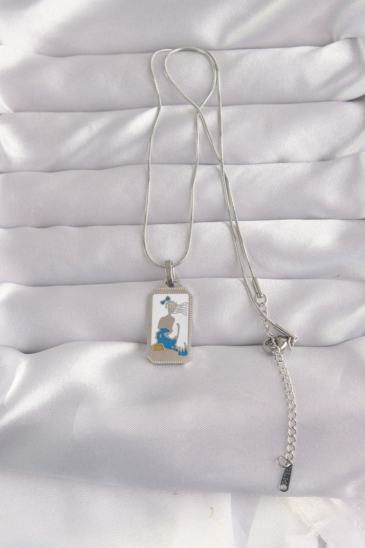 EBJ 316L Stainless Steel Silver Color White Enamel Girl Figure Tarot Necklace - Union City