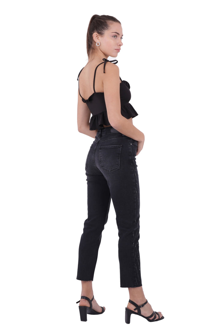 XLJ High Waist Mom Jean with Striped Rhinestones Mixed - Eschweiler