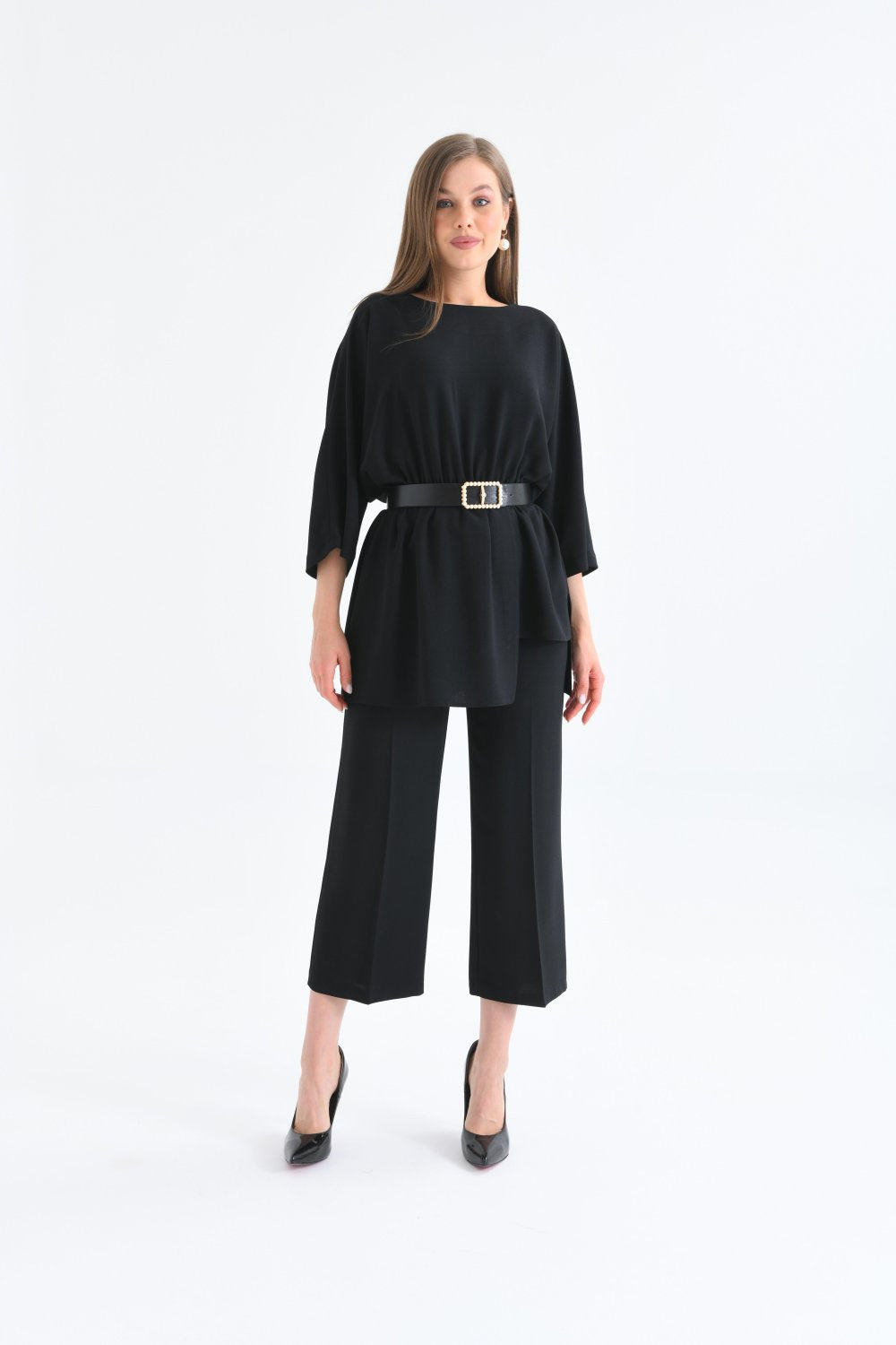 NDL Women Pearl Belted Tunic Women's Set Black - Lawton