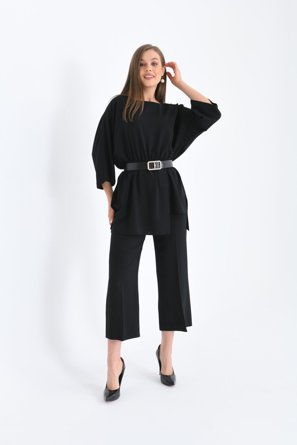 NDL Women Pearl Belted Tunic Women's Set Black - Lawton