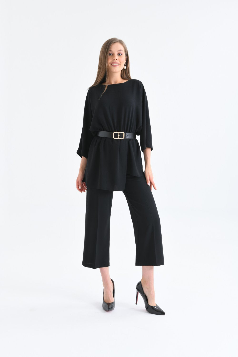 NDL Women Pearl Belted Tunic Women's Set Black - Lawton