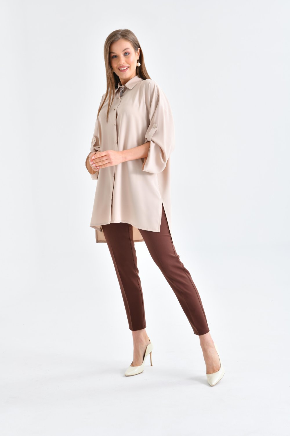 NDL Women Women's Suit with Collar Brooch Shirt Beige - La Ciotat