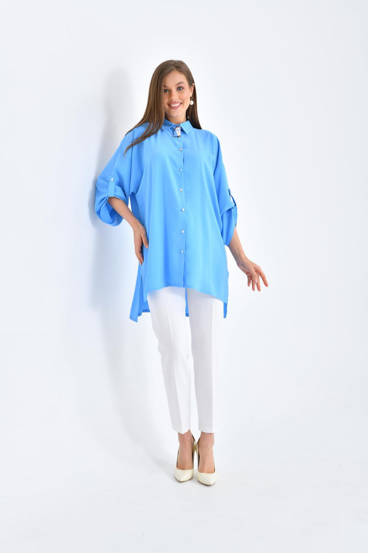 NDL Women Women's Suit with Collar Brooch Shirt Sky Blue - Piraeus