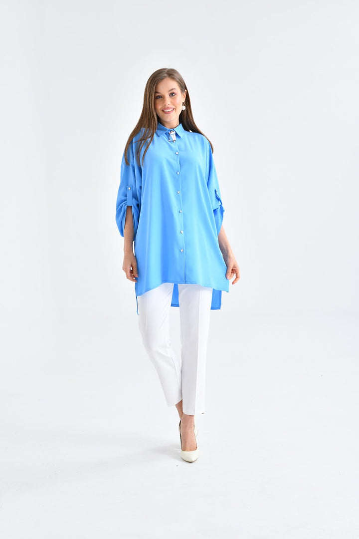 NDL Women Women's Suit with Collar Brooch Shirt Sky Blue - Piraeus