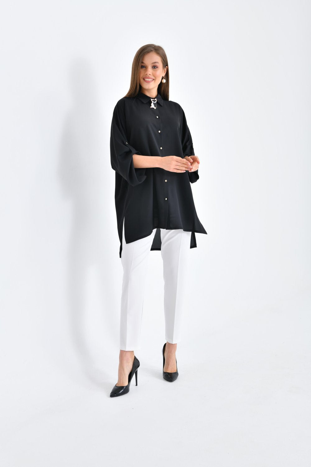 NDL Women Women's Suit with Collar Brooch Shirt Black - North Bethesda