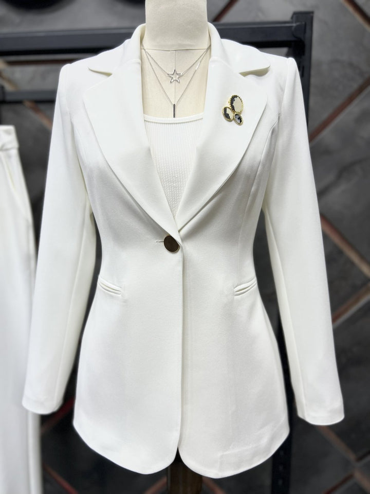 NDL Women Brooch Detail Gold Buttoned Satin Women's Suit White - Baranavichy