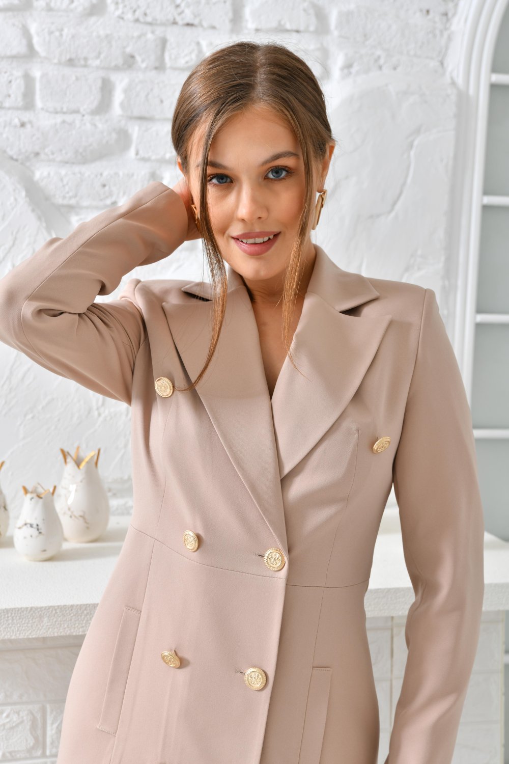 NDL Women Gold Buttoned New Women's Jacket Dress Beige - Slavuta