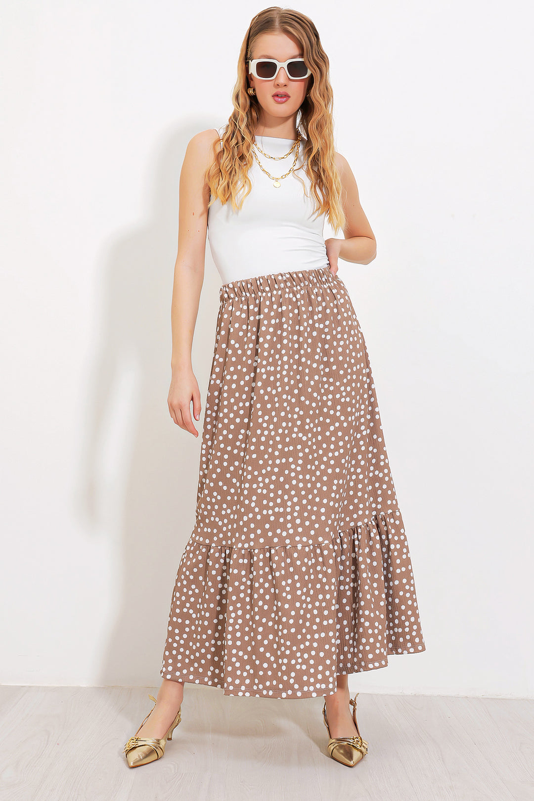 BGD Women Woman Beige White Polka Dot Long Knitted Skirt 1886 - Avondale