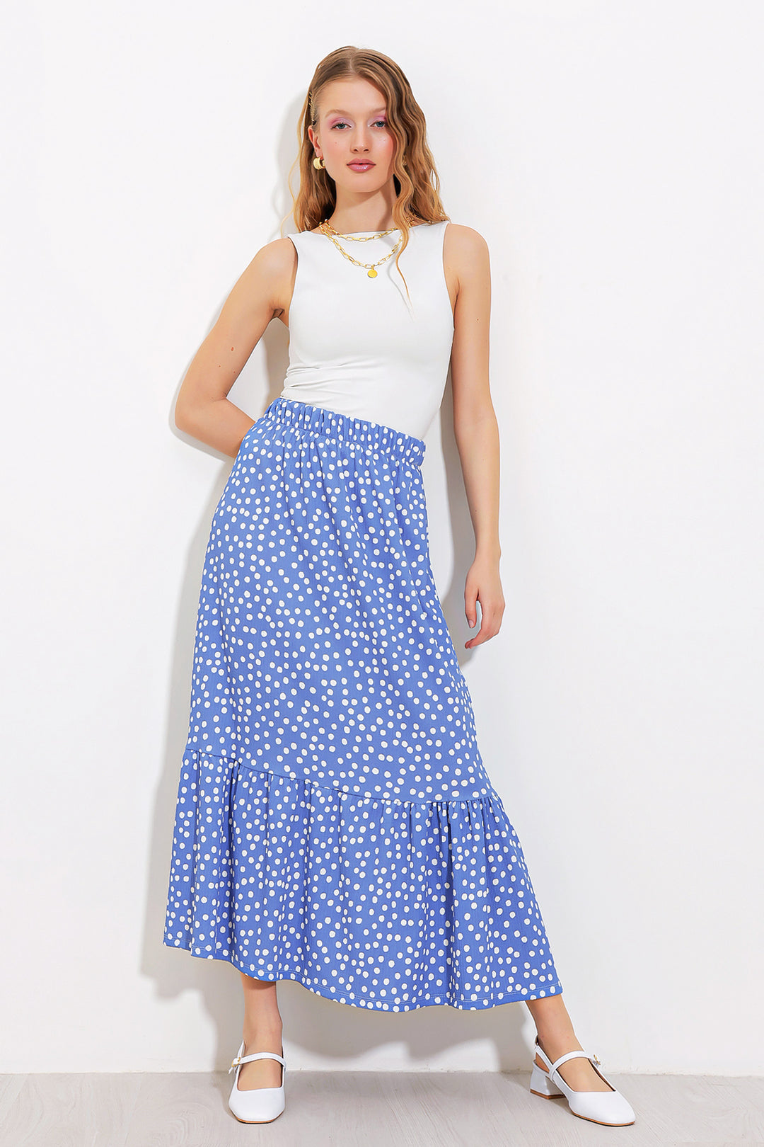 BGD Women Woman Blue White Polka Dot Long Knitted Skirt 1886 - Avondale