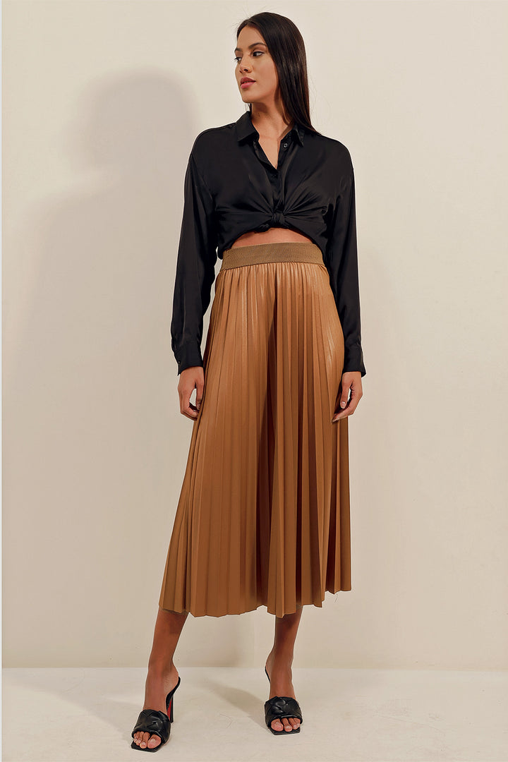 BGD Women Faux Leather Pleated Skirt - Tan - Avondale