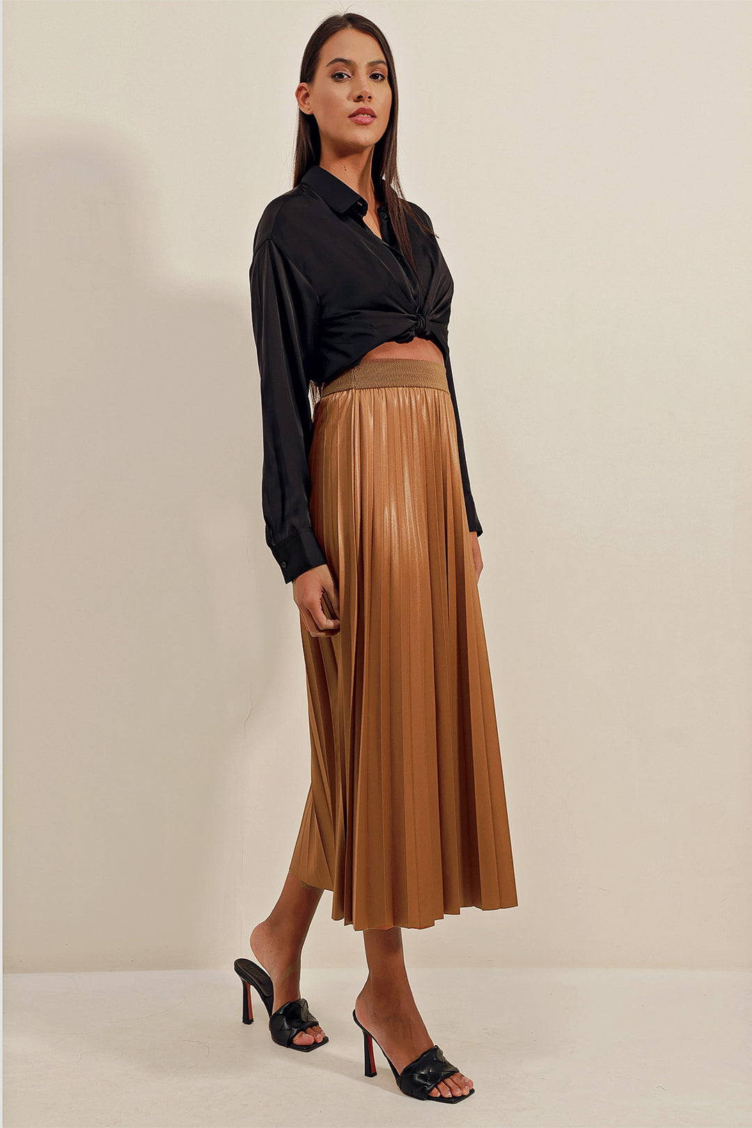 BGD Women Faux Leather Pleated Skirt - Tan - Avondale