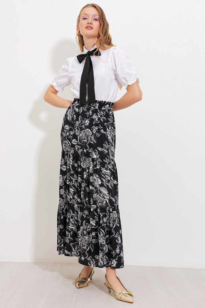 BGD Women Woman Black Patterned Long Viscose Skirt 1898 - Avondale