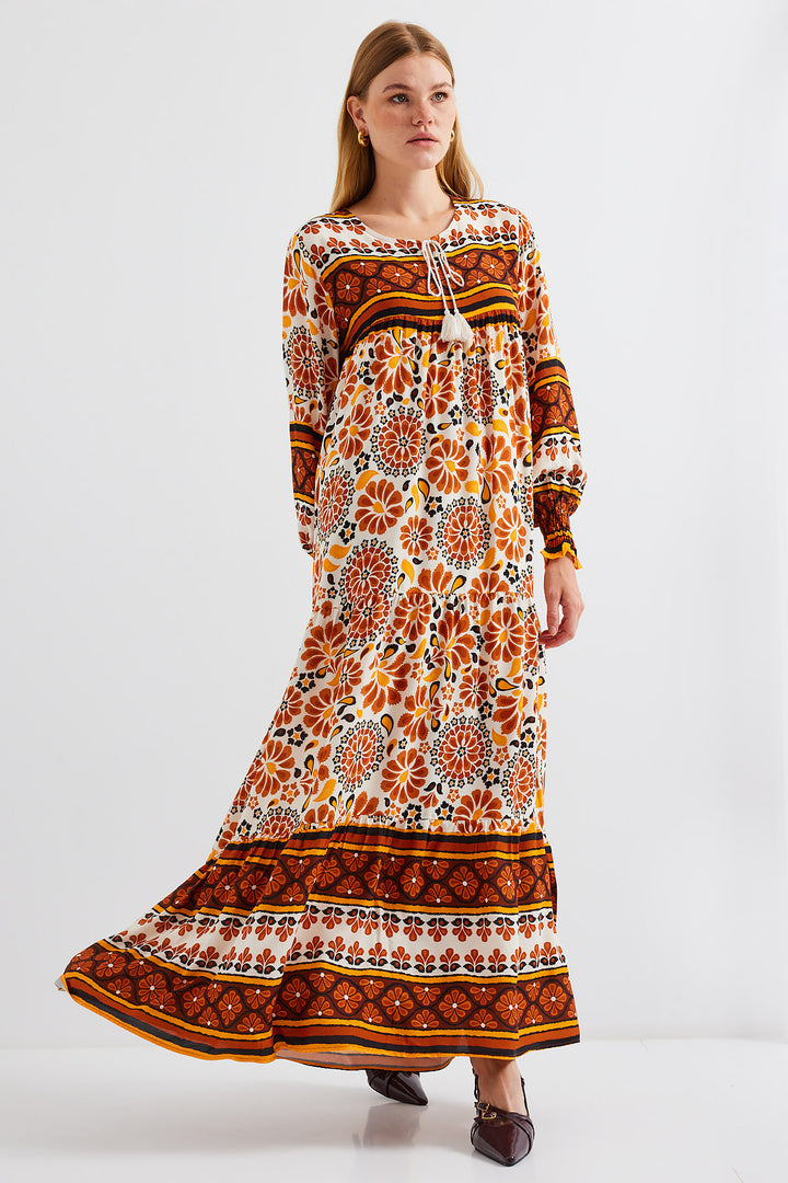 BGD Women Patterned Long Dress - Tan Brown - Avondale