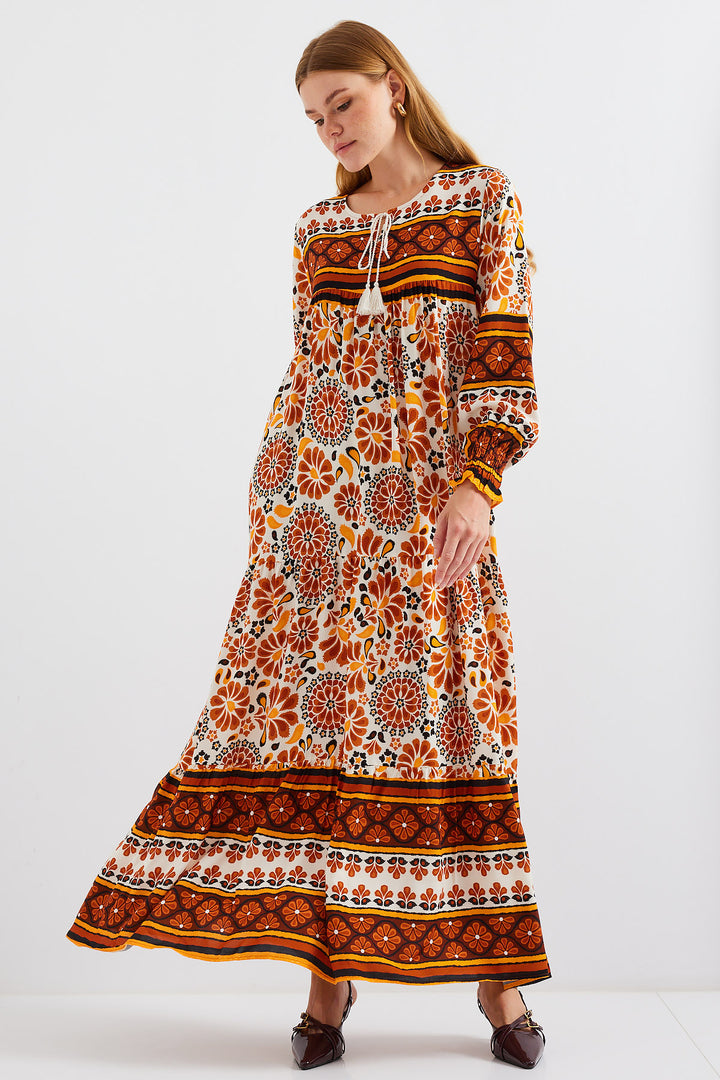 BGD Women Patterned Long Dress - Tan Brown - Avondale