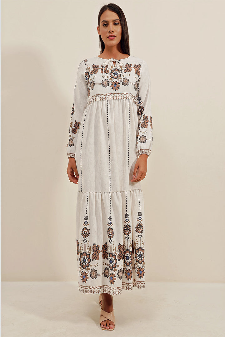 BGD Women Patterned Long Linen Dress - Light Brown - Avondale