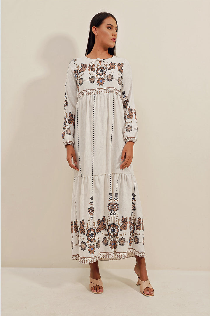 BGD Women Patterned Long Linen Dress - Light Brown - Avondale