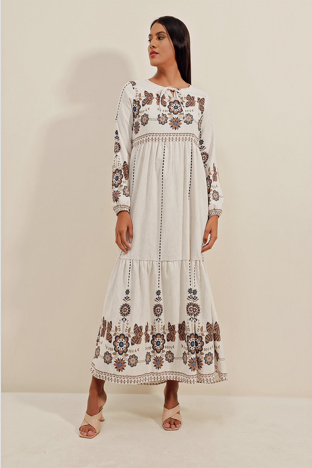 BGD Women Patterned Long Linen Dress - Light Brown - Avondale