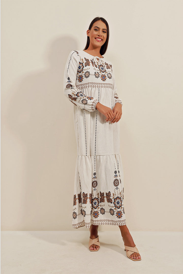 BGD Women Patterned Long Linen Dress - Light Brown - Avondale