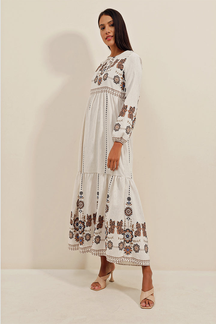 BGD Women Patterned Long Linen Dress - Light Brown - Avondale