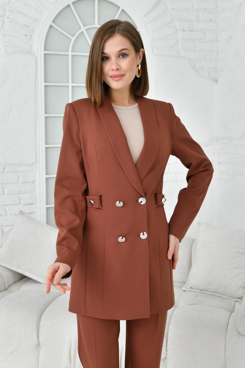 NDL Women Brown Women's Suit with Half Belt Button Accessories - Waterbury