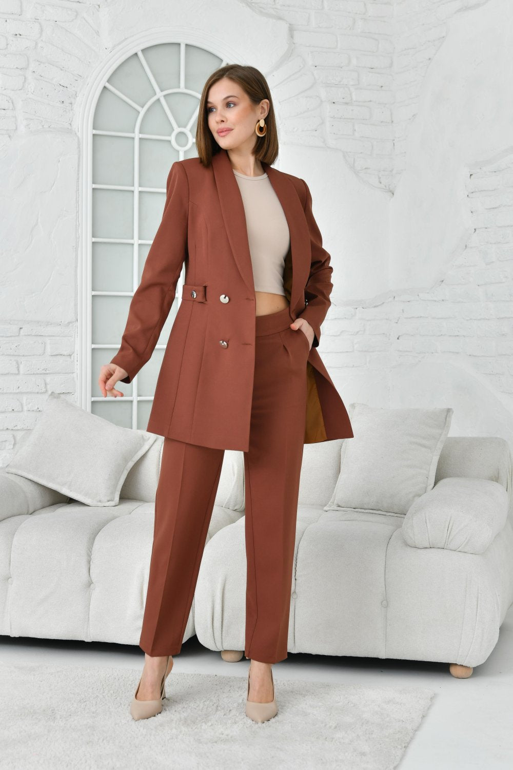 NDL Women Brown Women's Suit with Half Belt Button Accessories - Waterbury