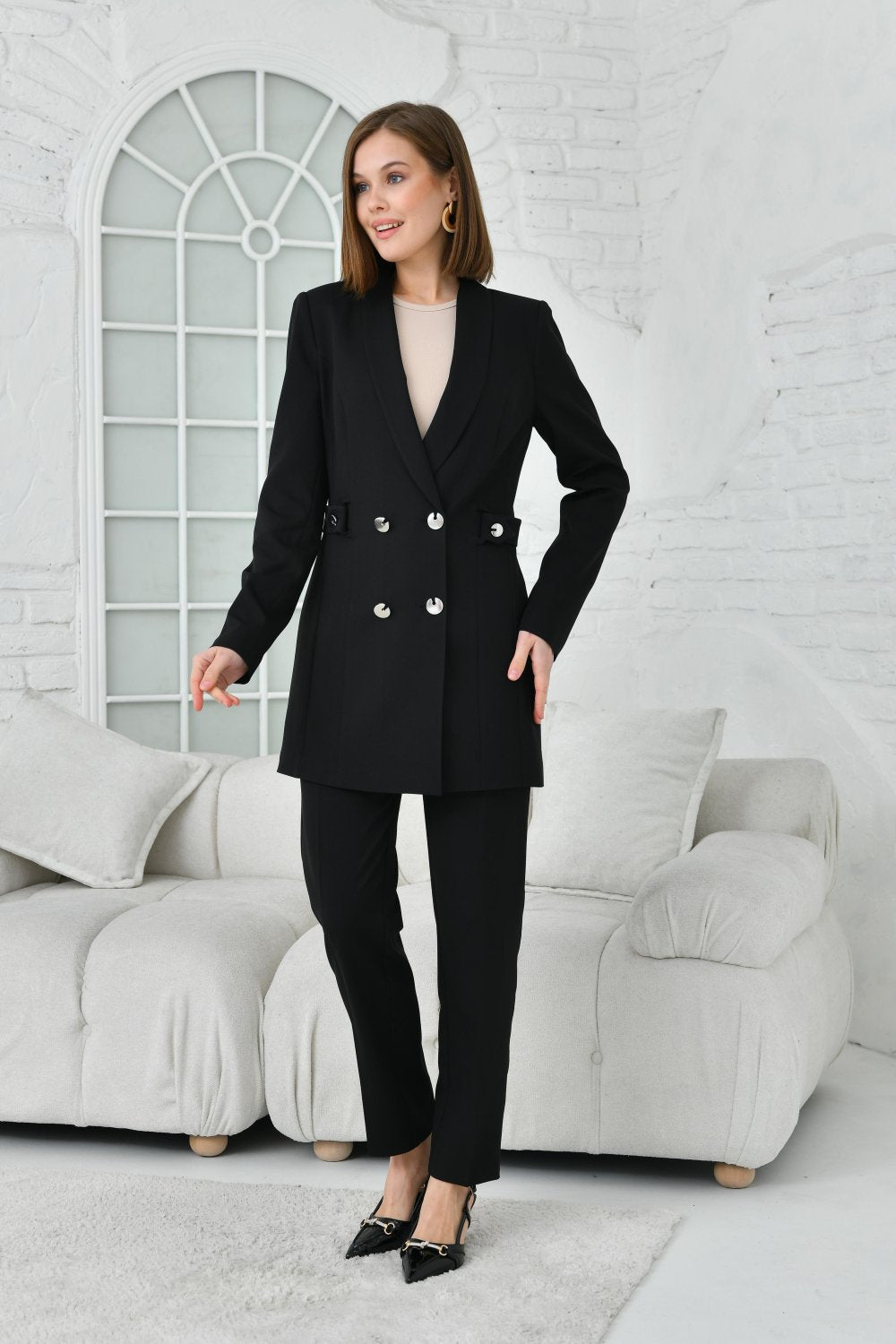 NDL Women Women's Suit with Half Belt Button Accessories Black - Bielefeld