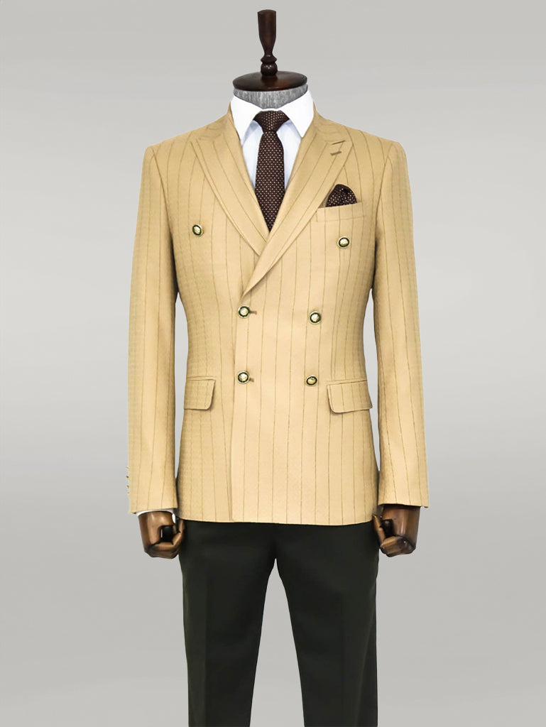 WSS Double Breasted Slim Fit Striped Cream Men Blazer  - Singen