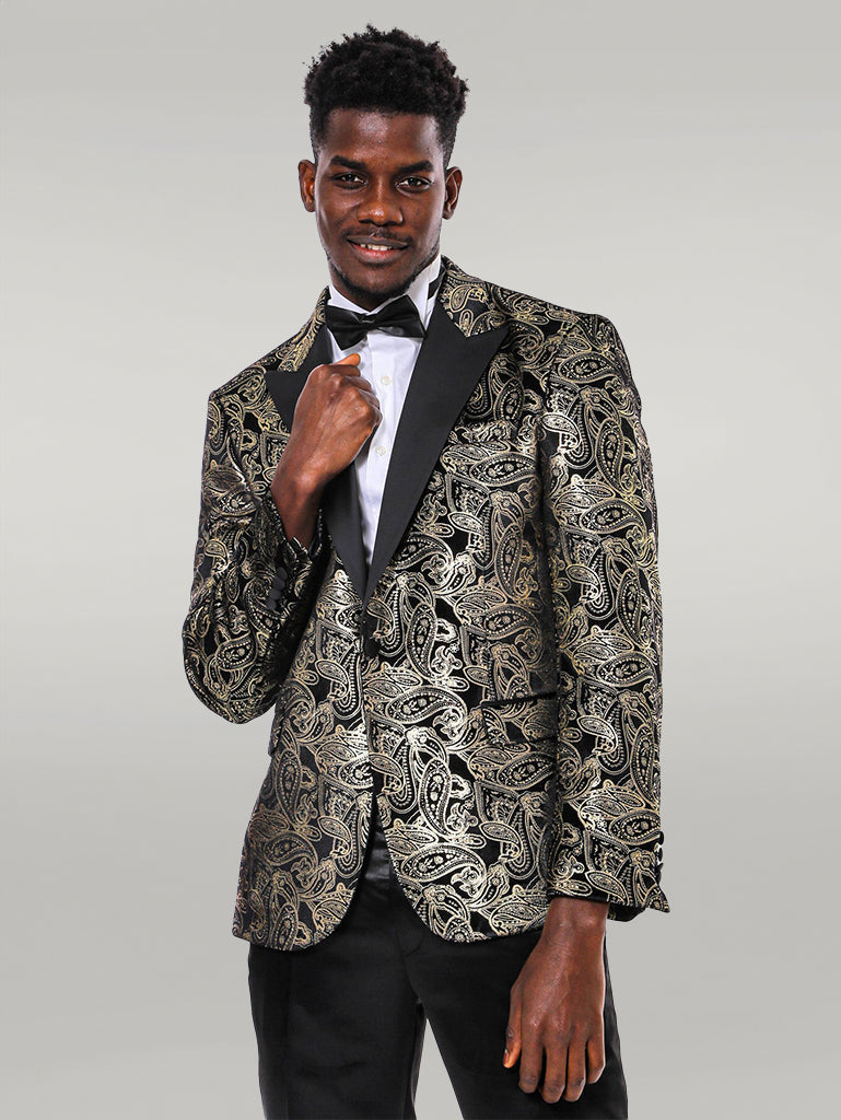 WSS Slim Fit Gold Paisley Patterned Black Men Tuxedo Blazer  - Singen