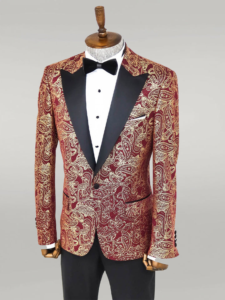 سترة WSS Paisley Peak Lapel Burgundy للرجال للحفلات الراقصة - سينجين