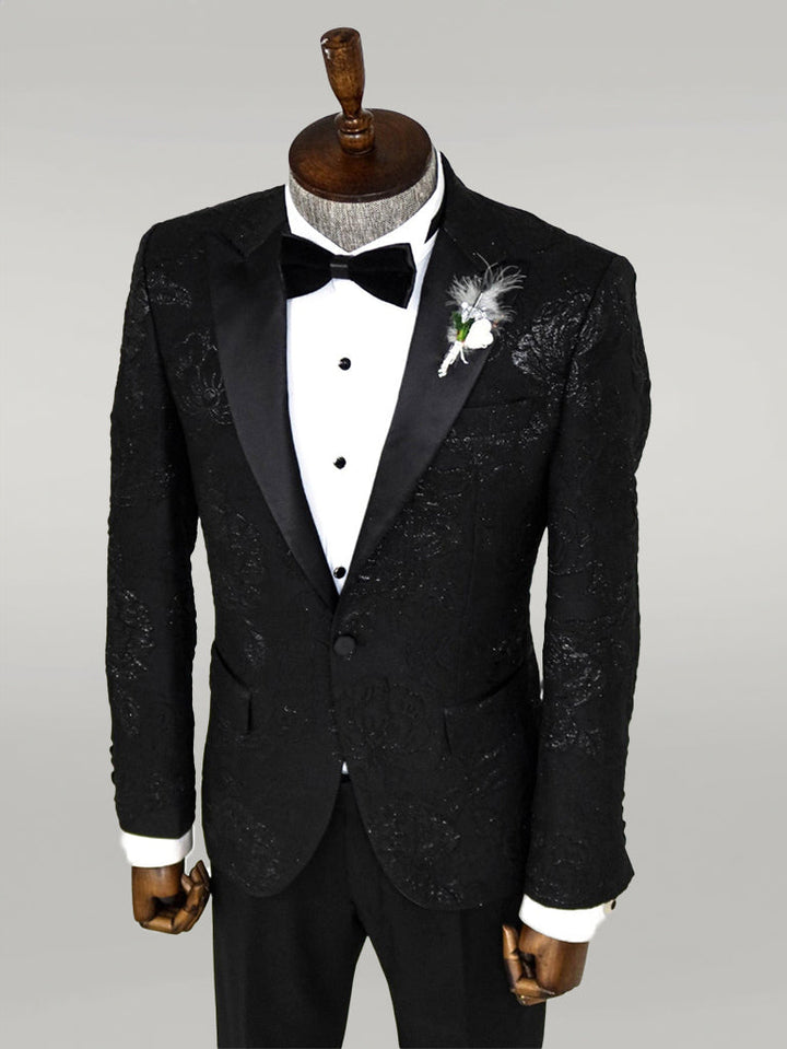 WSS Floral Patterned Peak Lapel Black Tuxedo Blazer  - Singen