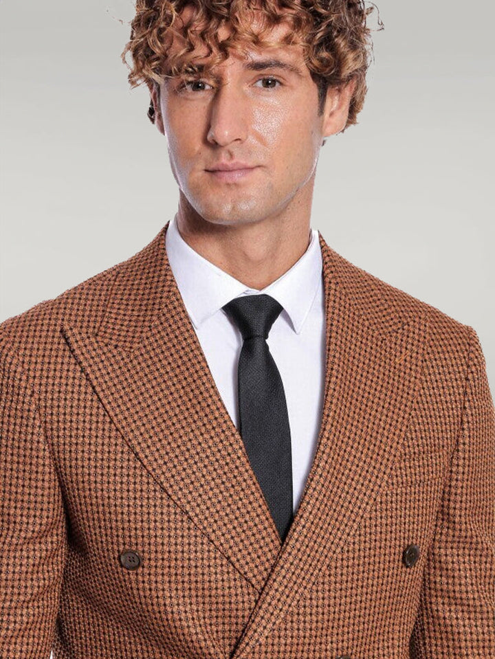 WSS Houndstooth Patterned Tawny Men Double Breasted Blazer  - Singen