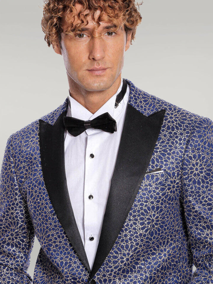 WSS Flower Embroidered Pattern Navy Blue Men Prom Blazer  - Singen