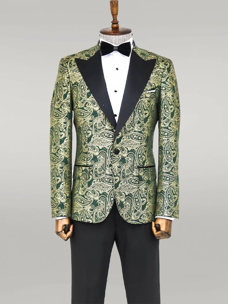 WSS Paisley Peak Lapel Green Men Prom Blazer  - Singen