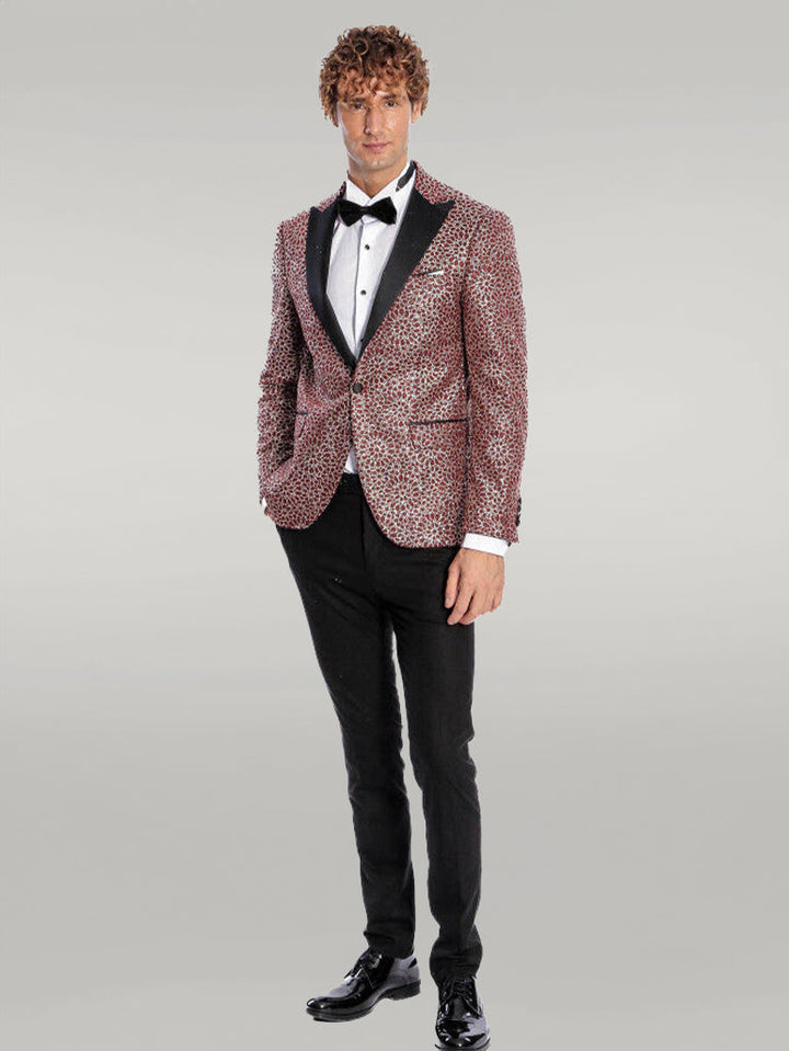 WSS Flower Embroidered Pattern Burgundy Men Prom Blazer  - Singen