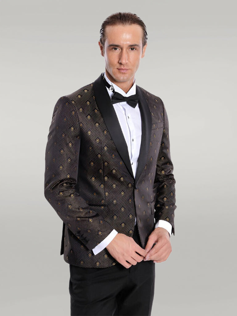 WSS Shawl Lapel Gold Dot Patterned Over Black Men Tuxedo Blazer  - Singen