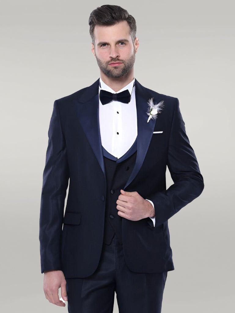 WSS Double Breasted Satin Lapel Navy Blue Men Tuxedo  - Singen