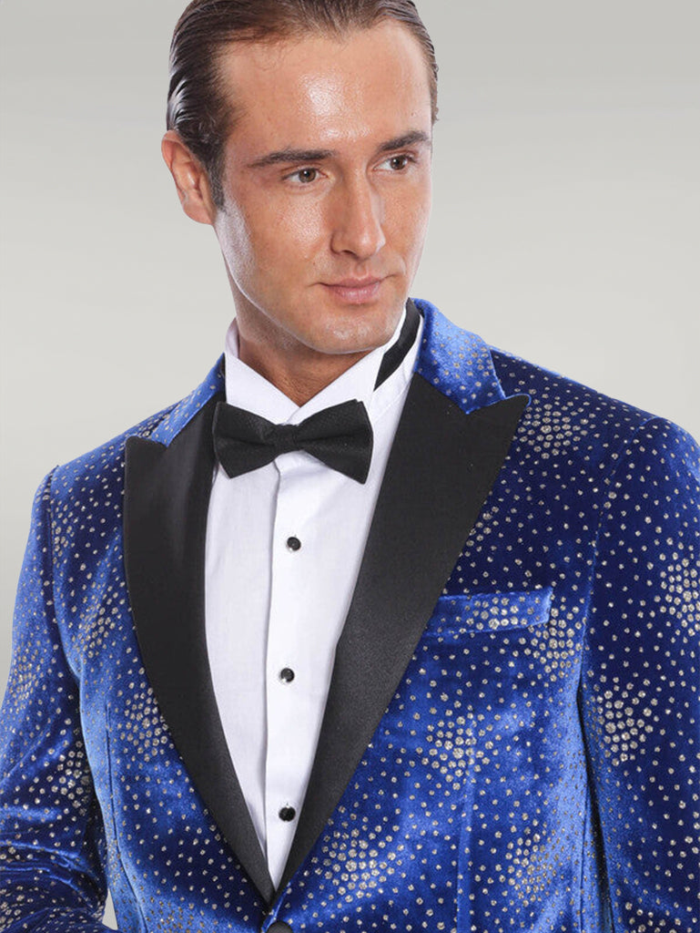 WSS Dot Patterned Peak Lapel Blue Men Prom Blazer  - Singen