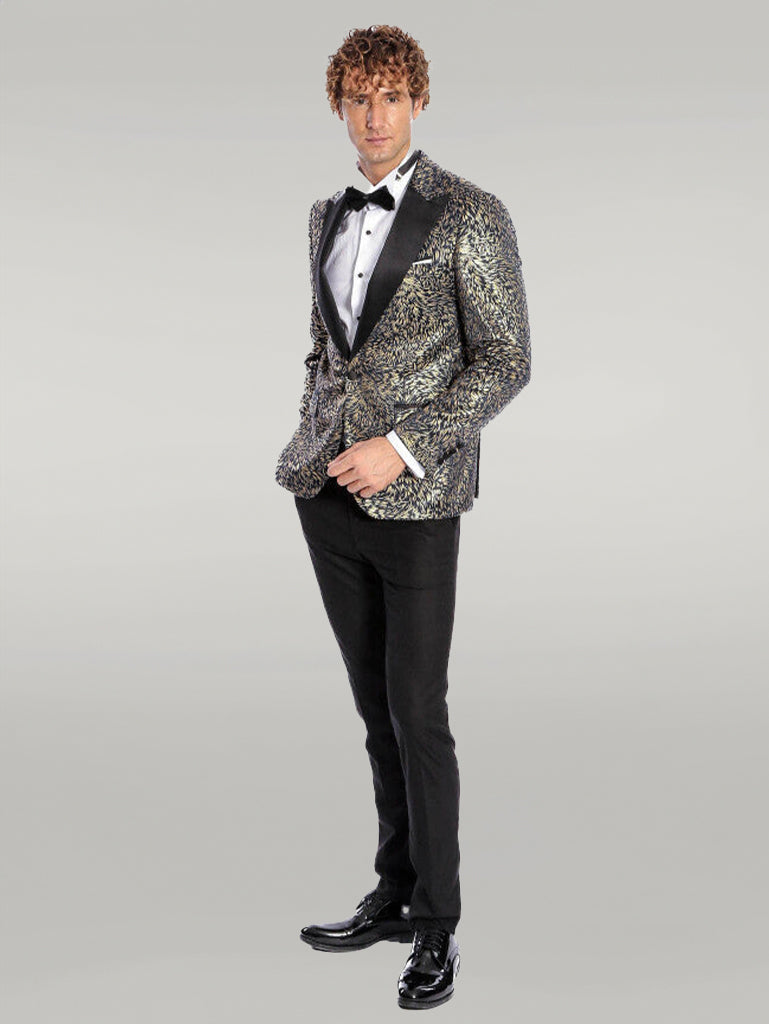 WSS Feather Patterned Slim Fit Navy Blue Men Prom Blazer  - Singen