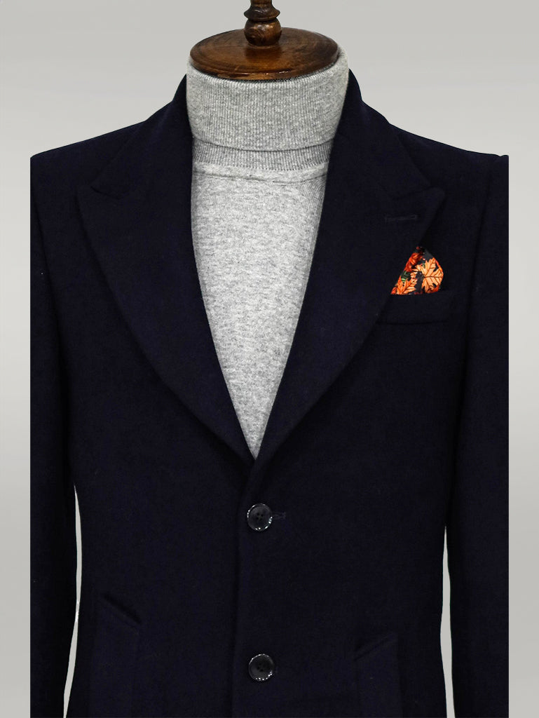 WSS Wide Lapel Wool Navy Blue Men Coat  - Singen