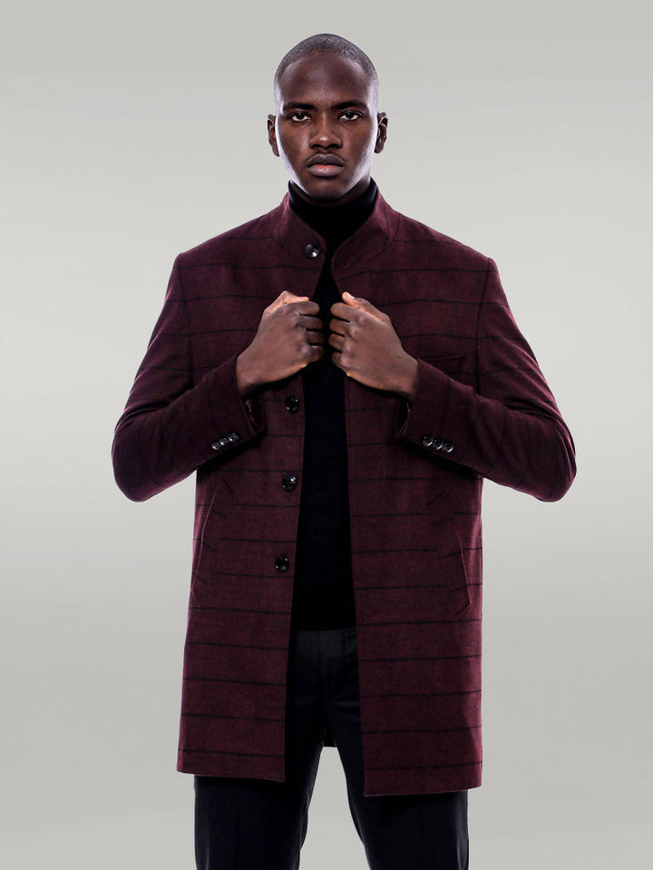 WSS Mandarin Collar Burgundy Checked Coat  - Singen