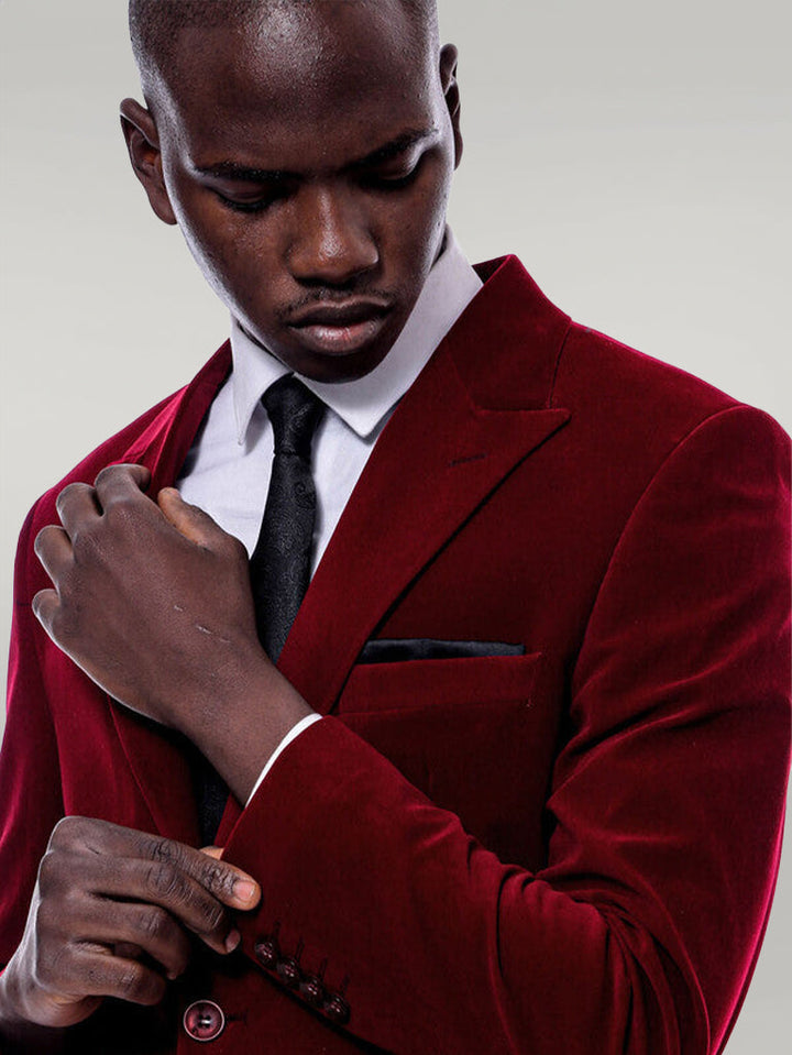 WSS Wide Peak Lapel Velvet Burgundy Men Blazer  - Singen