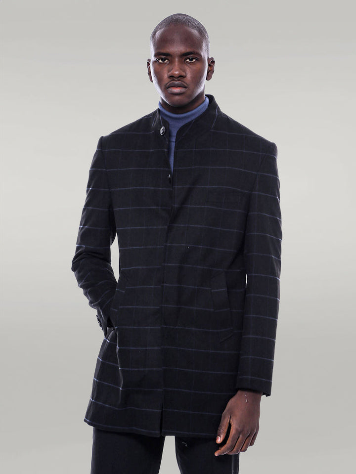 WSS Mandarin Collar Black Checked Coat  - Singen