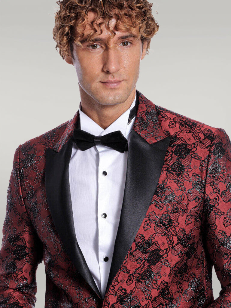 WSS Floral Patterned Slim Fit Burgundy Men Prom Blazer  - Singen