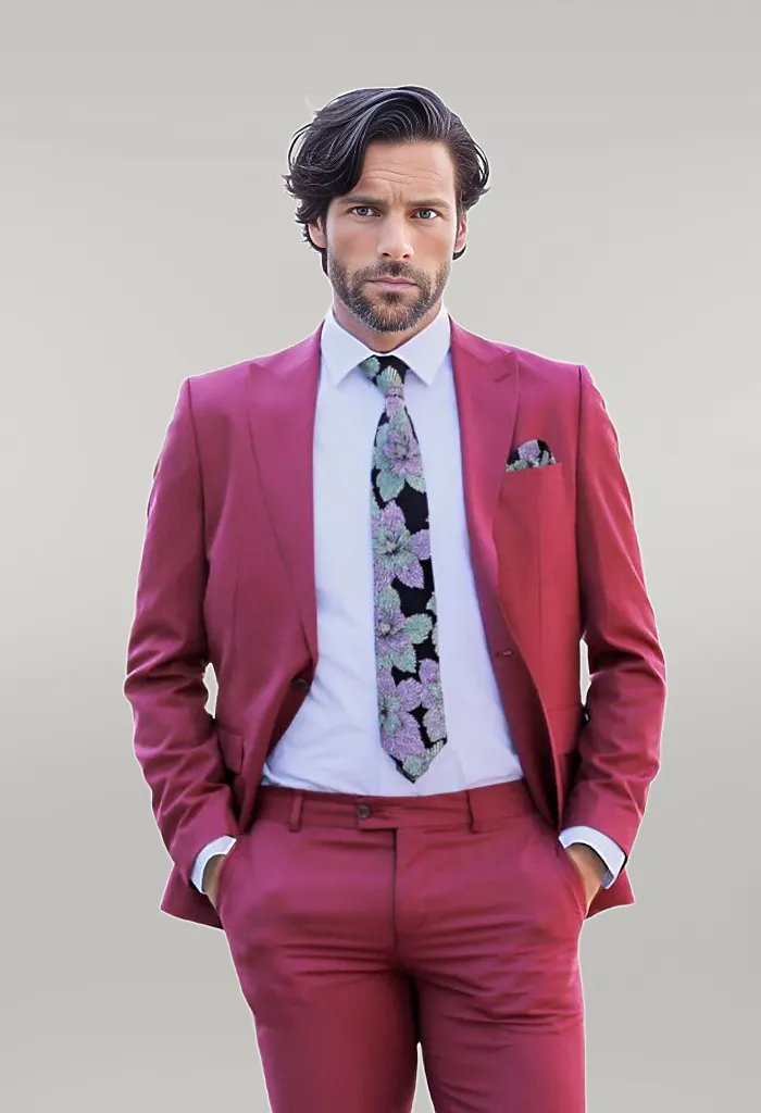 WSS 2 Piece Patterned Slim Fit Magenta Men Suit  - Singen